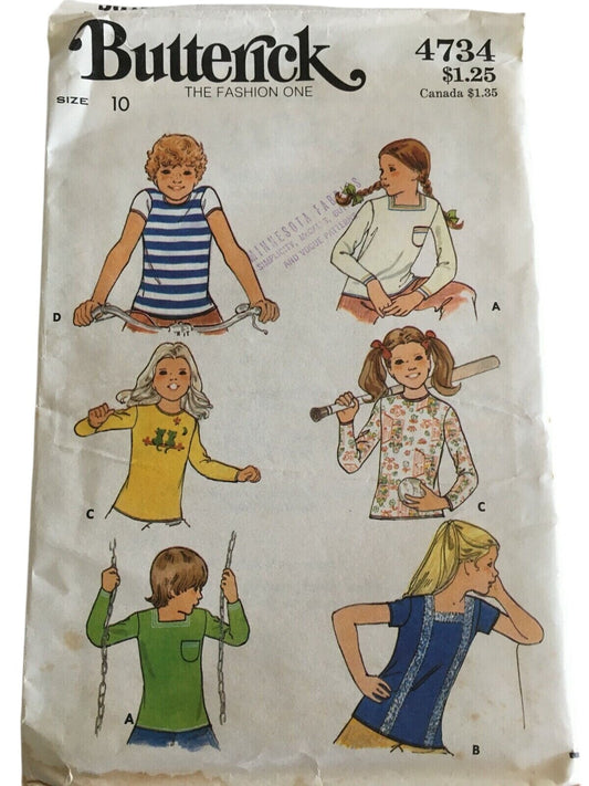 Butterick Sewing Pattern 4734 T-Shirt Shirt Top Retro Girls 10 Vintage 1970s UC