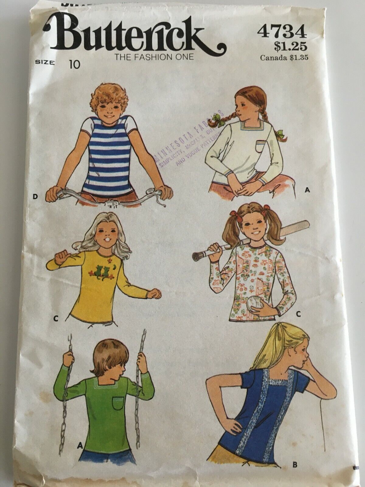 Butterick Sewing Pattern 4734 T-Shirt Shirt Top Retro Girls 10 Vintage 1970s UC
