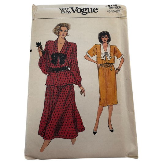 Vogue Sewing Pattern 9190 Dress Top A-Line Skirt Work Outfit 1980s 8 10 12 UC