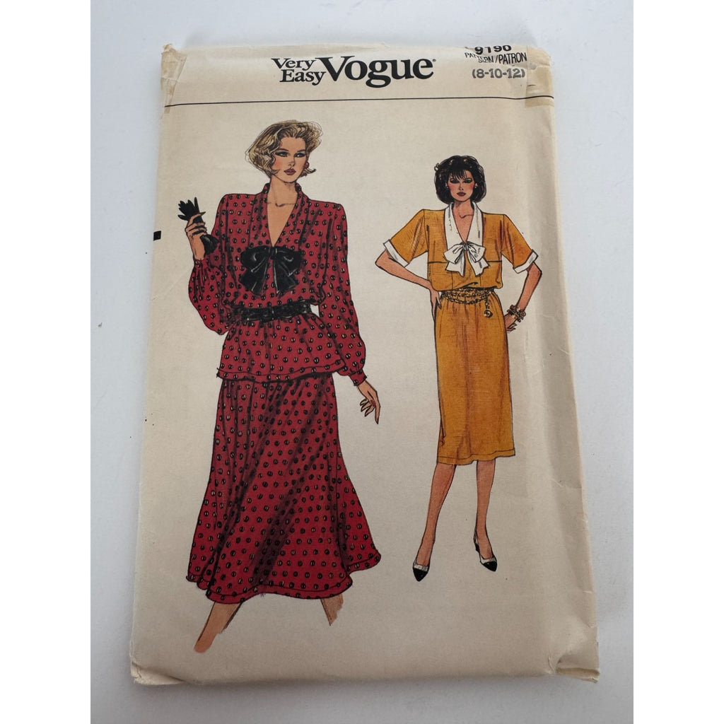Vogue Sewing Pattern 9190 Dress Top A-Line Skirt Work Outfit 1980s 8 10 12 UC