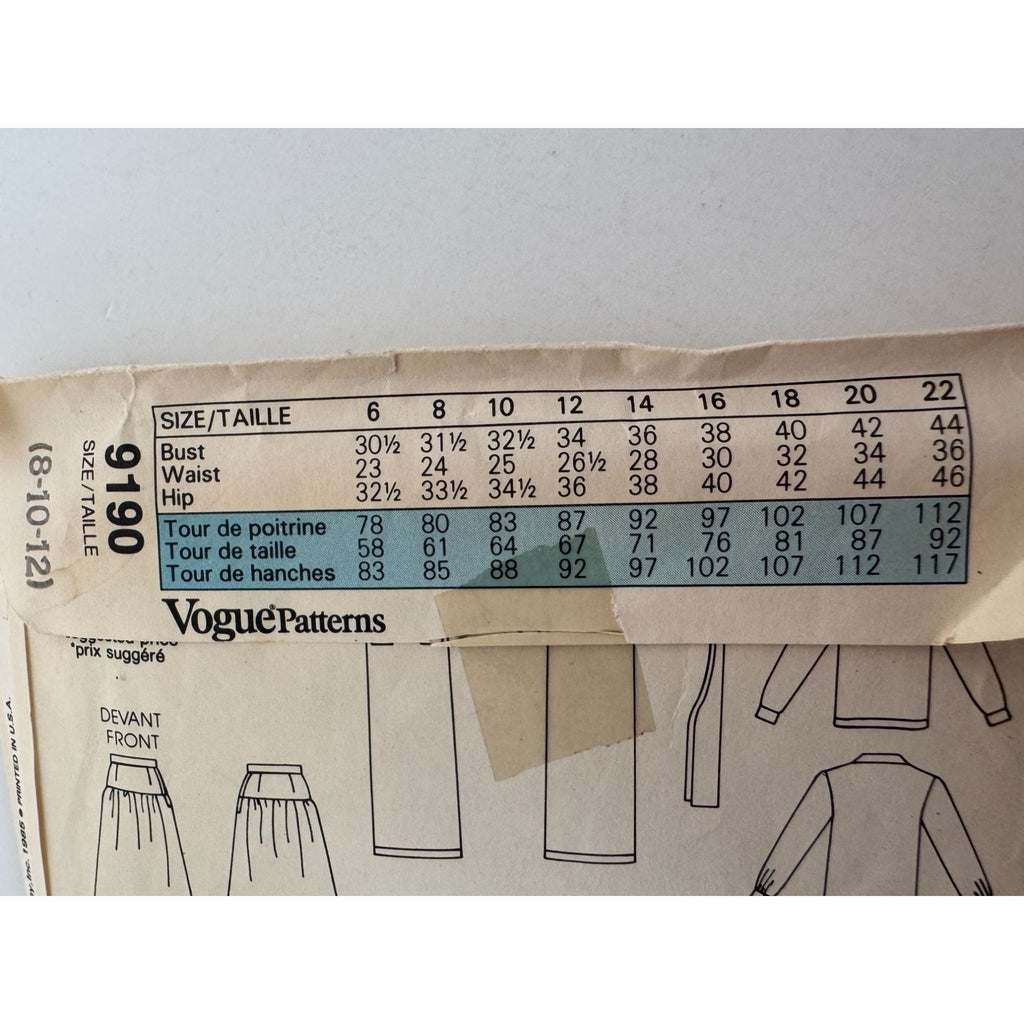 Vogue Sewing Pattern 9190 Dress Top A-Line Skirt Work Outfit 1980s 8 10 12 UC