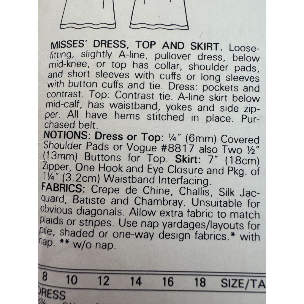Vogue Sewing Pattern 9190 Dress Top A-Line Skirt Work Outfit 1980s 8 10 12 UC