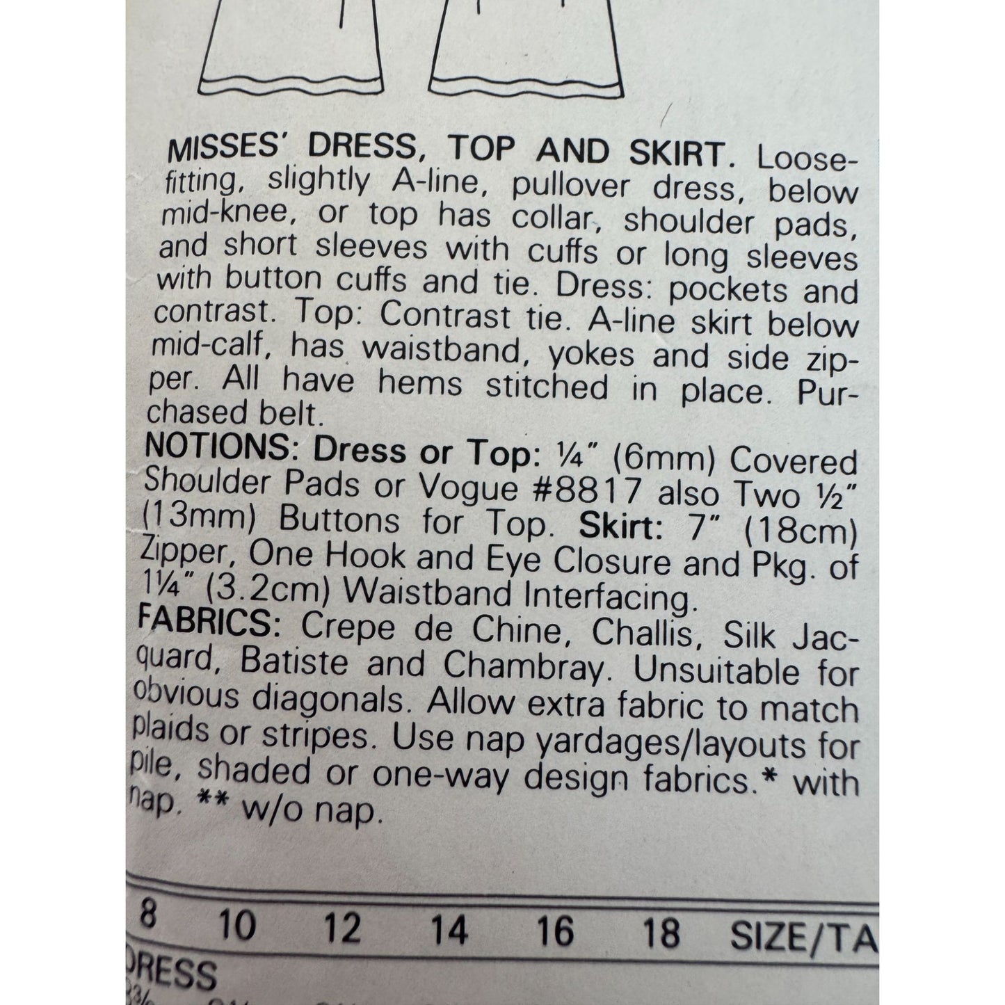 Vogue Sewing Pattern 9190 Dress Top A-Line Skirt Work Outfit 1980s 8 10 12 UC