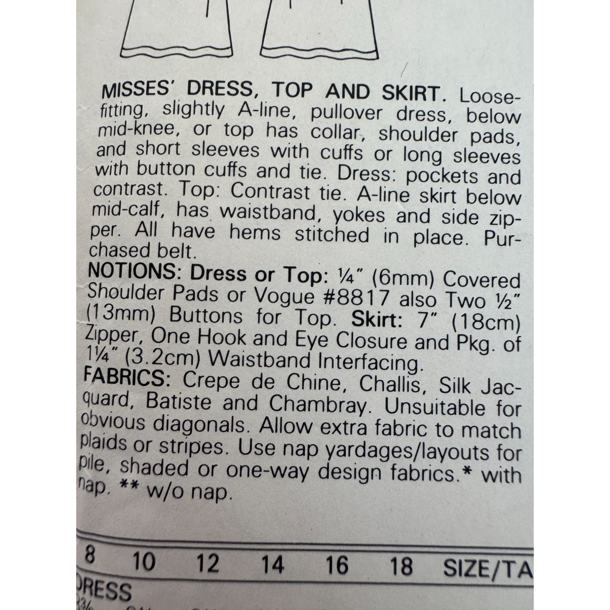 Vogue Sewing Pattern 9190 Dress Top A-Line Skirt Work Outfit 1980s 8 10 12 UC
