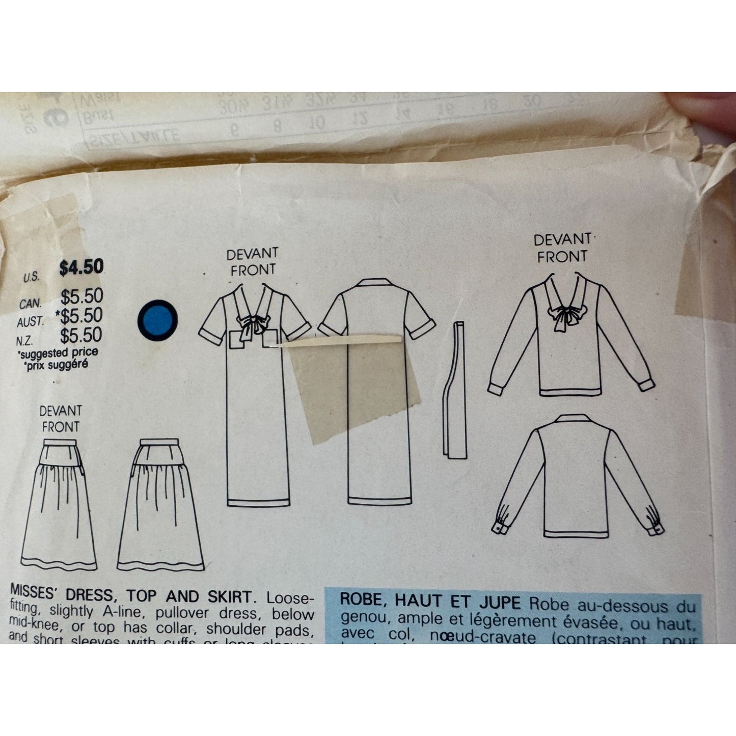 Vogue Sewing Pattern 9190 Dress Top A-Line Skirt Work Outfit 1980s 8 10 12 UC