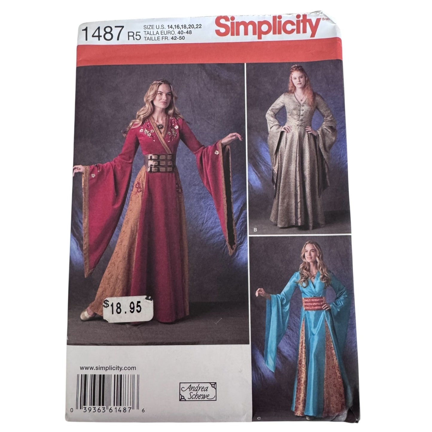 Simplicity Sewing Pattern 1487 Medieval Costume Dress Wide Sleeves Fantasy 14-22 Renaissance Cosplay Uncut