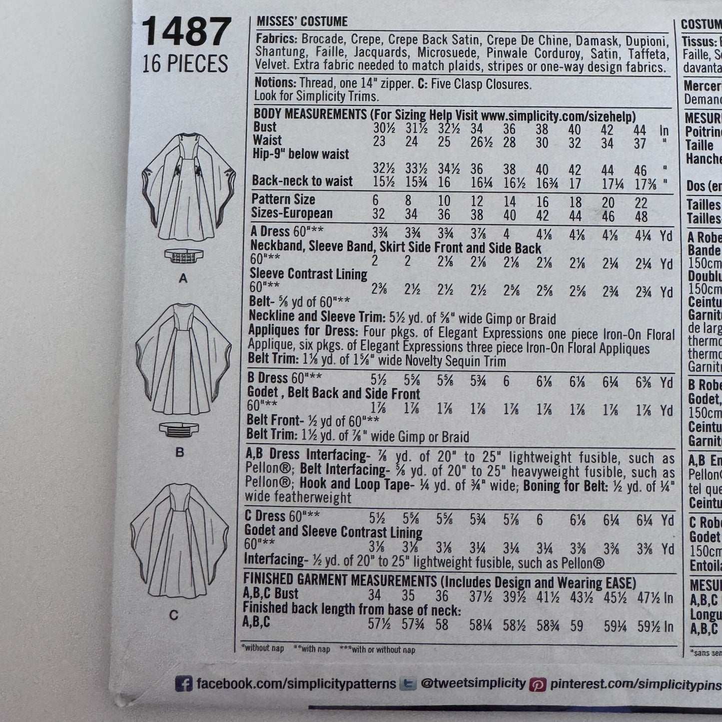 Simplicity Sewing Pattern 1487 Medieval Costume Dress Wide Sleeves Fantasy 14-22 Renaissance Cosplay Uncut