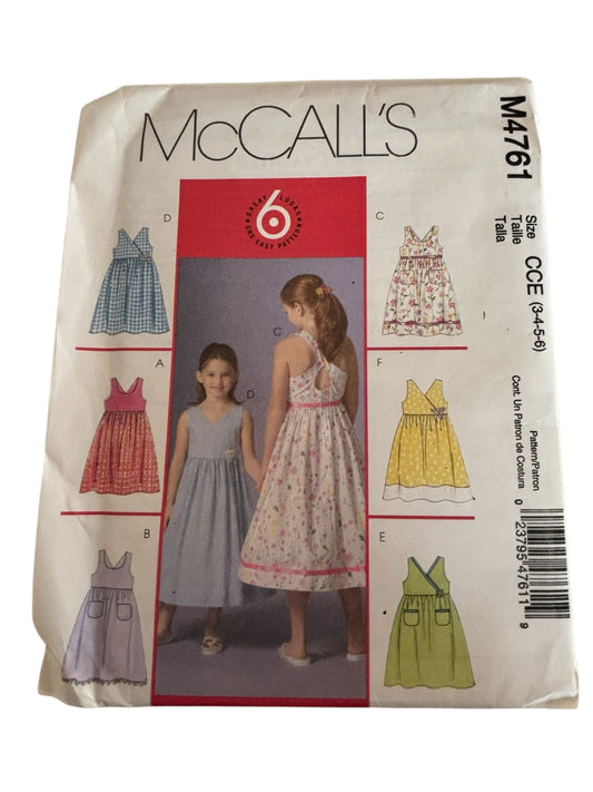 McCalls Sewing Pattern M4761 Girls Dress 6 Great Looks Mid-Calf Summer 3 4 5 6