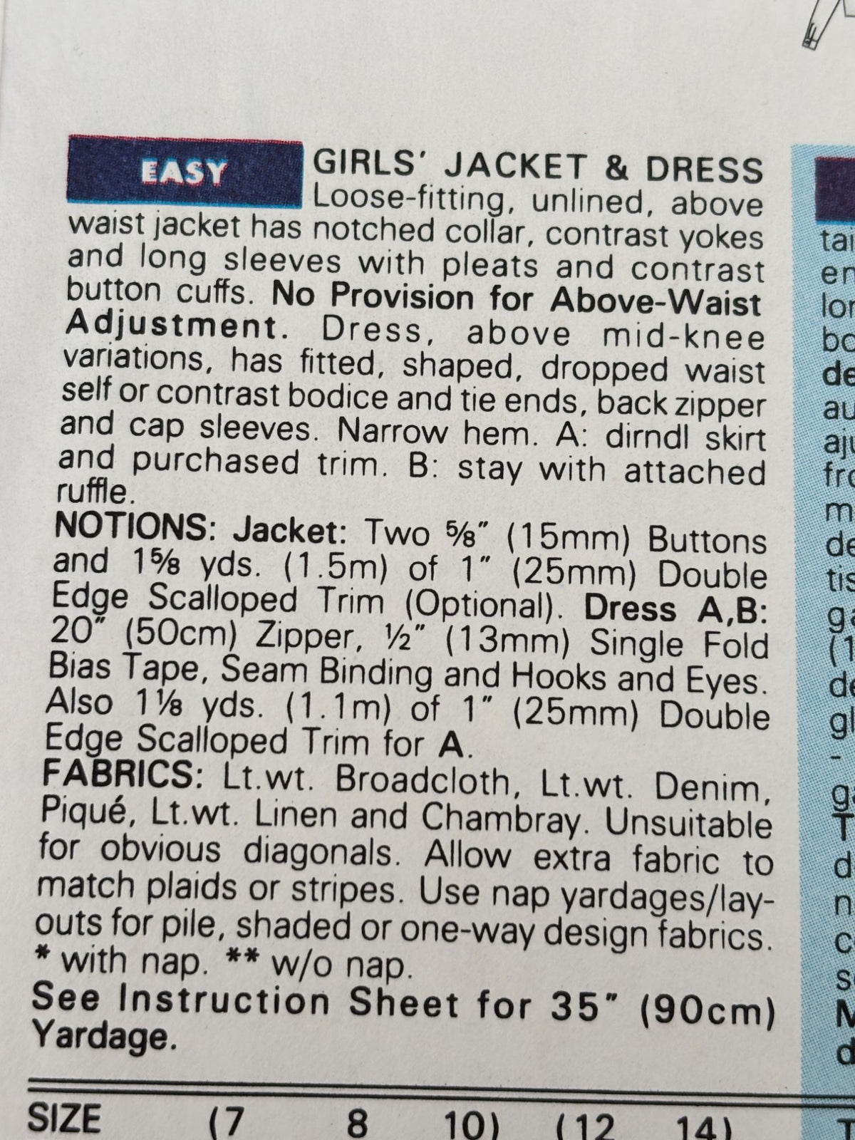 Butterick Sewing Pattern 6602 Girls Jacket Dress Party Easy 7 8 10 Vintage 90s UC