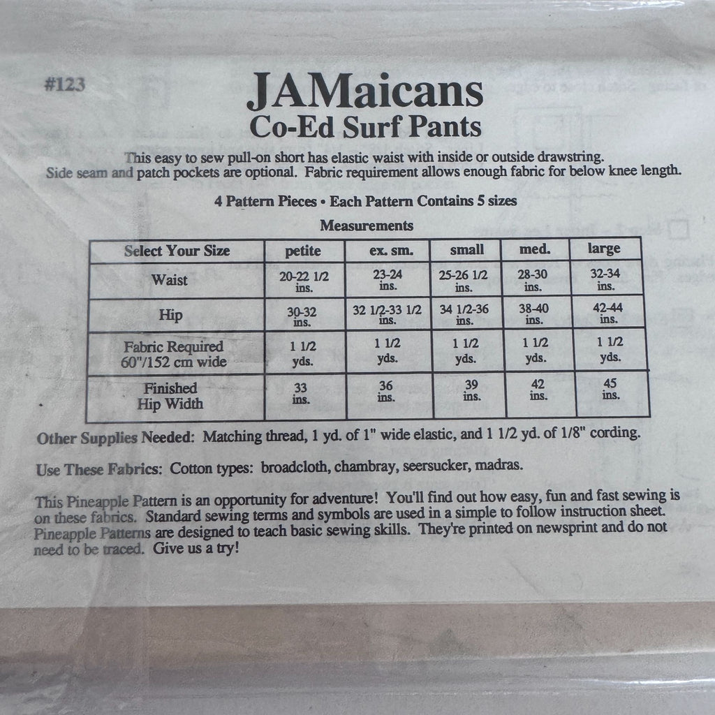 Pineapple Appeal Sewing Pattern 123 Jamaican Time Surf Pants 80s Beach Shorts Uncut Summer