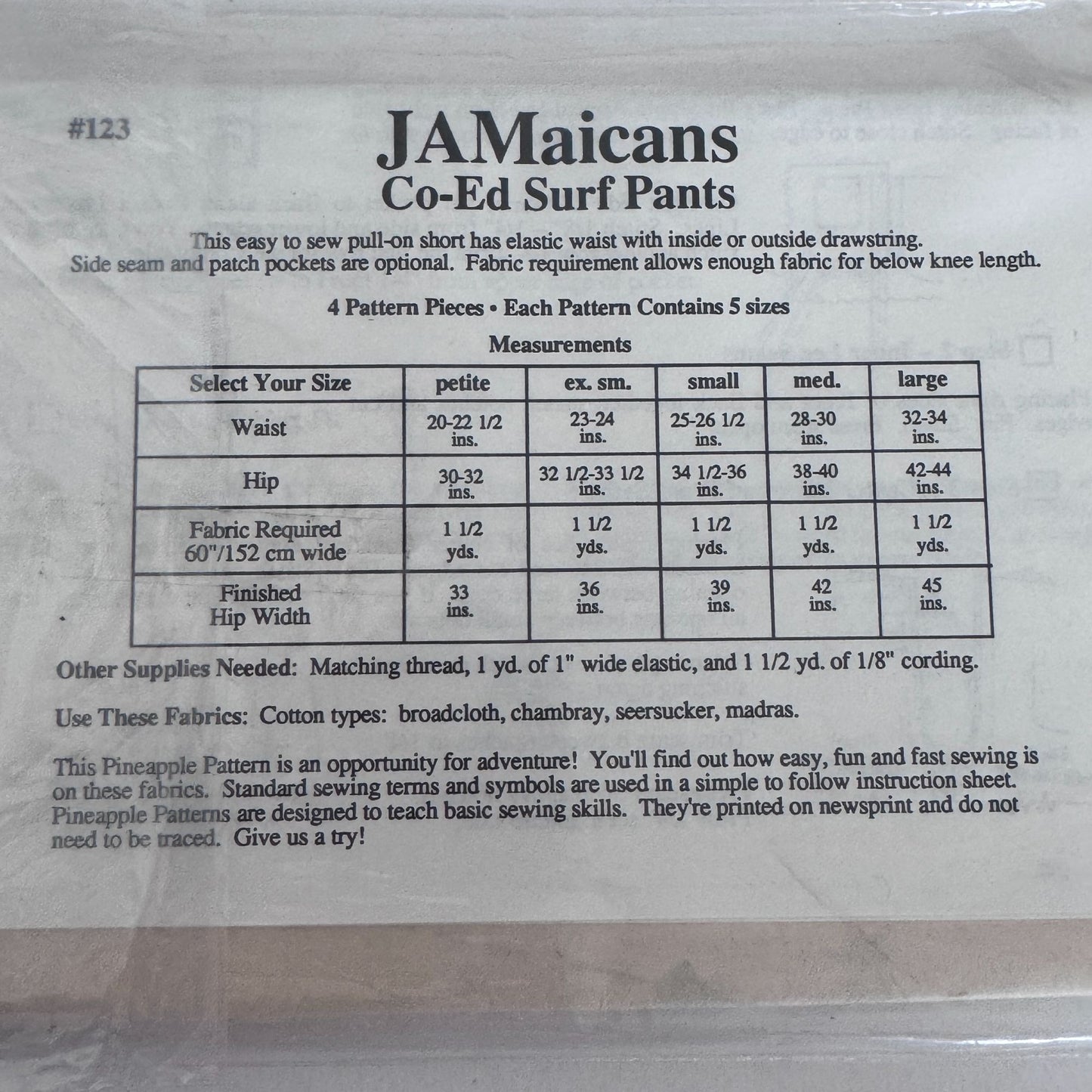 Pineapple Appeal Sewing Pattern 123 Jamaican Time Surf Pants 80s Beach Shorts Uncut Summer