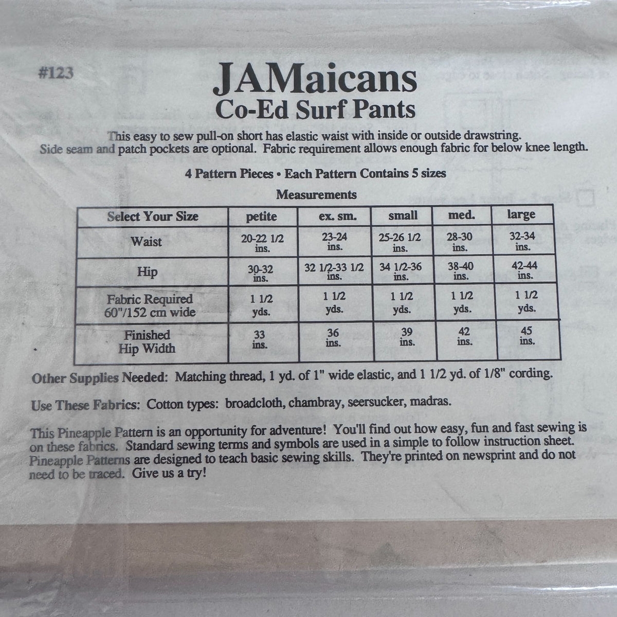 Pineapple Appeal Sewing Pattern 123 Jamaican Time Surf Pants 80s Beach Shorts Uncut Summer