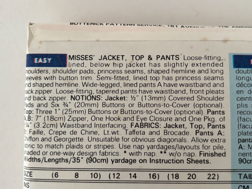 Butterick Sewing Pattern 6533 90s Evening Set Quiet Luxury Jacket Pants Formalwear 6-10 Uncut