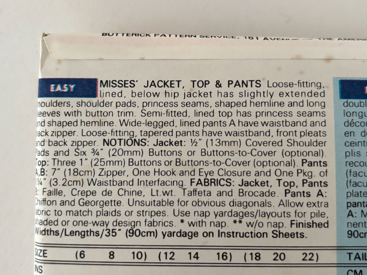 Butterick Sewing Pattern 6533 90s Evening Set Quiet Luxury Jacket Pants Formalwear 6-10 Uncut