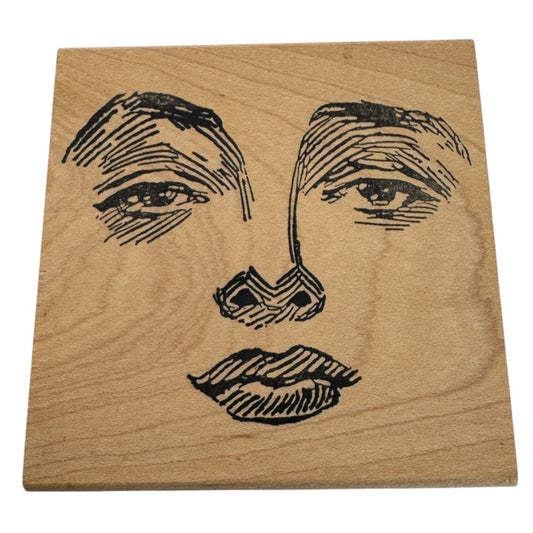 Stampland Rubber Stamp Face Design Wood Mounted Drawing Eyes Lips Nose Artistic