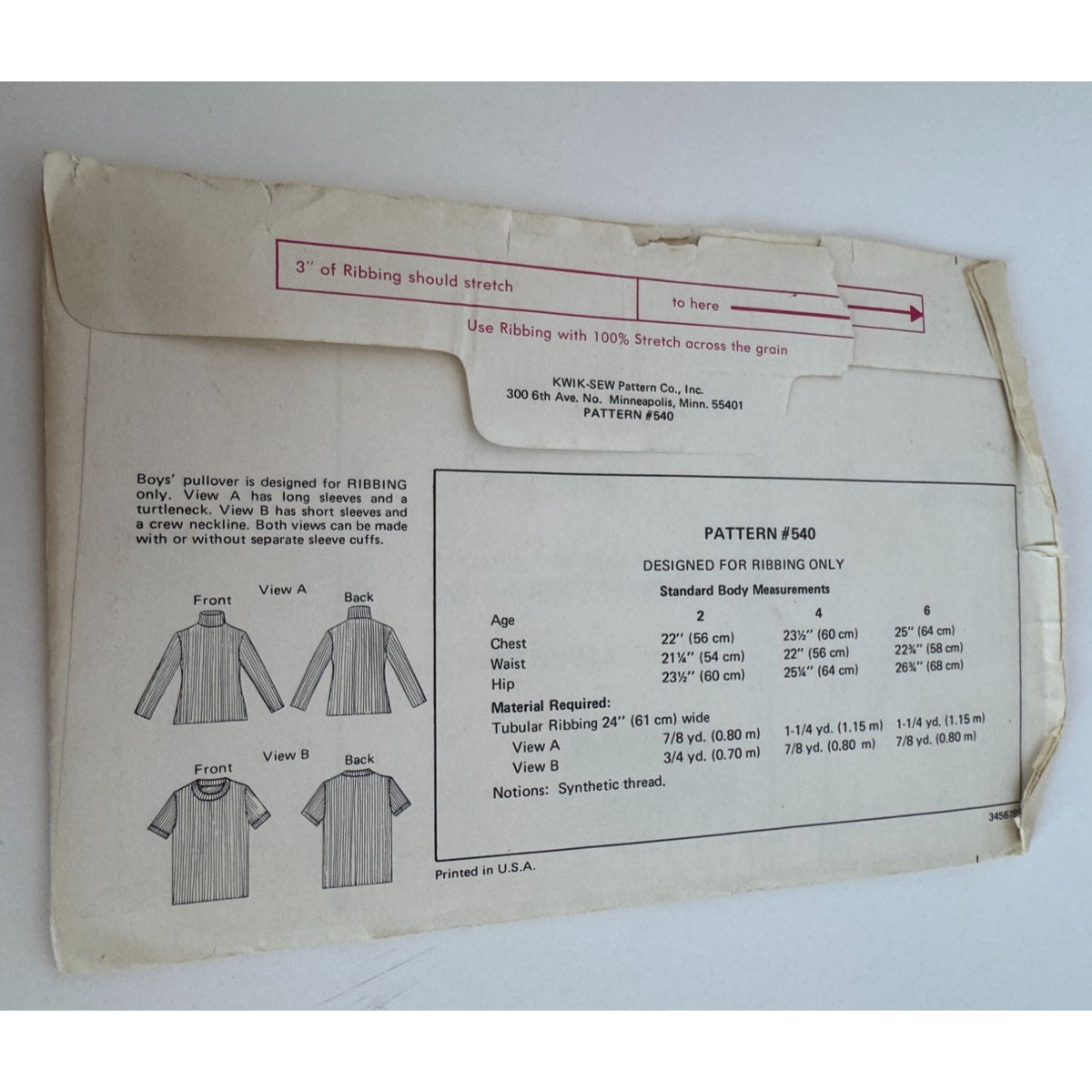 Kwik Sew Sewing Pattern 540 Boys Pullover Long or Short Sleeves Shirt Ages 2-4-6