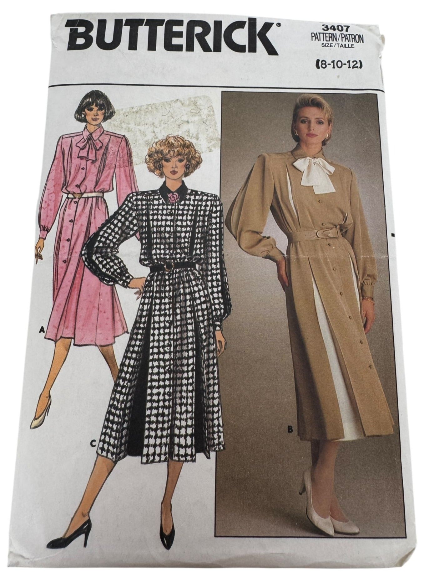 Butterick Sewing Pattern 3407 Vintage 80s Dress Size 8 10 12 A-Line Midi Belted