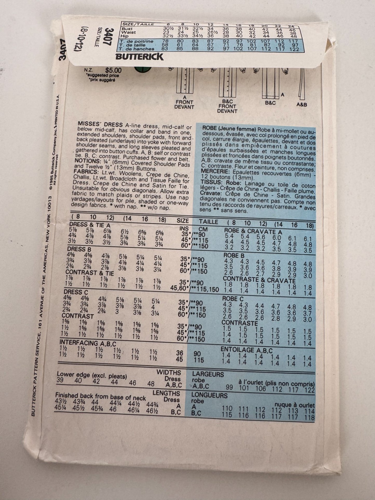 Butterick Sewing Pattern 3407 Vintage 80s Dress Size 8 10 12 A-Line Midi Belted