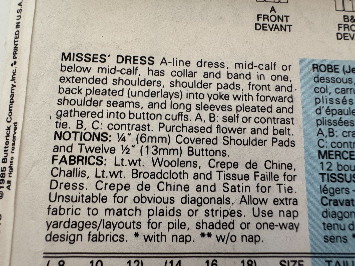 Butterick Sewing Pattern 3407 Vintage 80s Dress Size 8 10 12 A-Line Midi Belted