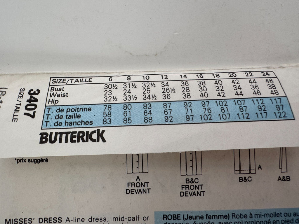 Butterick Sewing Pattern 3407 Vintage 80s Dress Size 8 10 12 A-Line Midi Belted