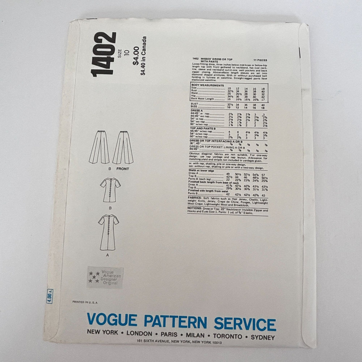 Vogue Sewing Pattern 1402 American Designer Jerry Silverman Dress Top Pants Size 10 Uncut