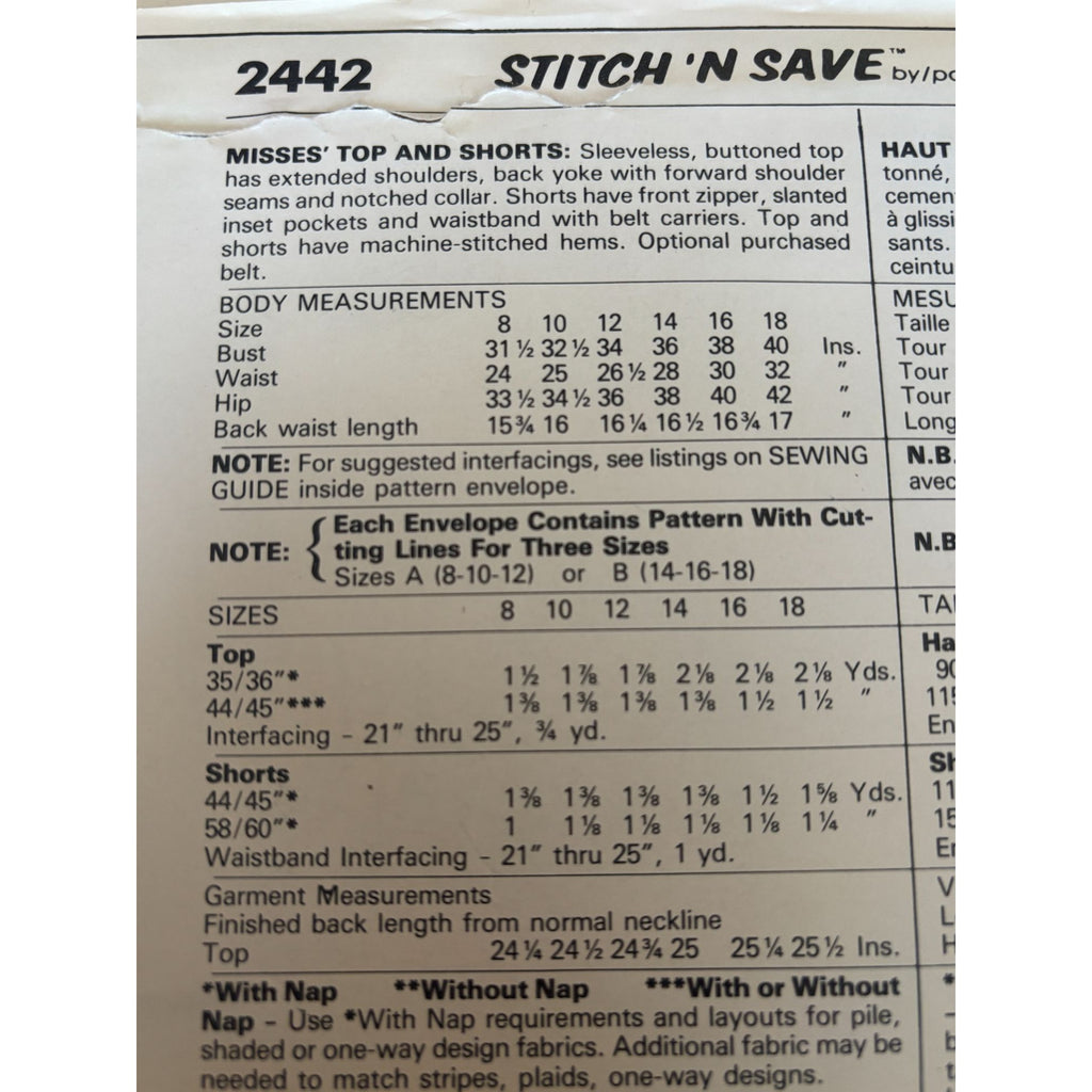 McCalls Stitch N Save Sewing Pattern 2442 Misses Top & Shorts Summer 14 16 18 UC