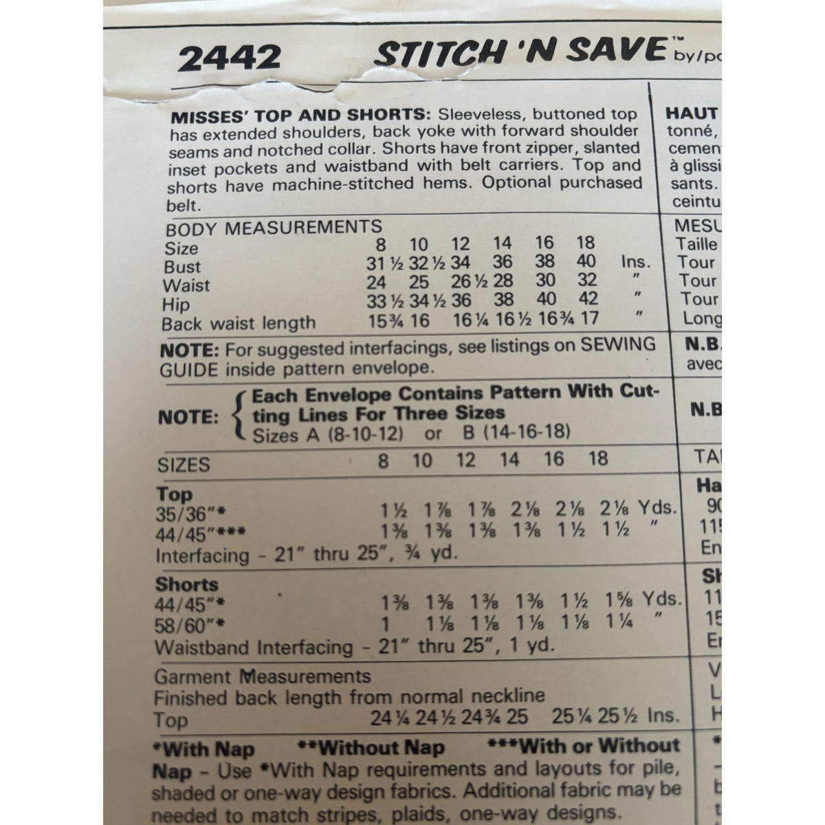McCalls Stitch N Save Sewing Pattern 2442 Misses Top & Shorts Summer 14 16 18 UC