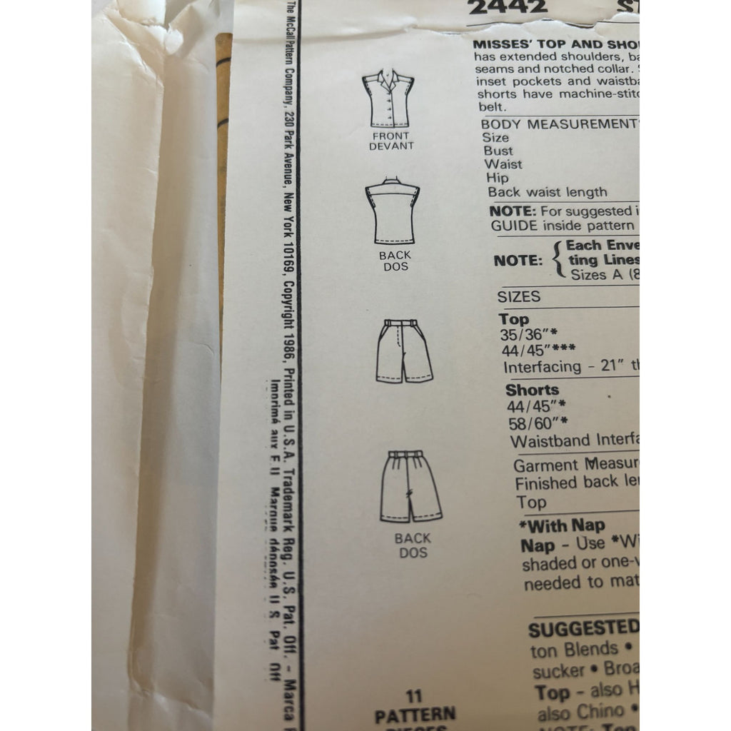 McCalls Stitch N Save Sewing Pattern 2442 Misses Top & Shorts Summer 14 16 18 UC