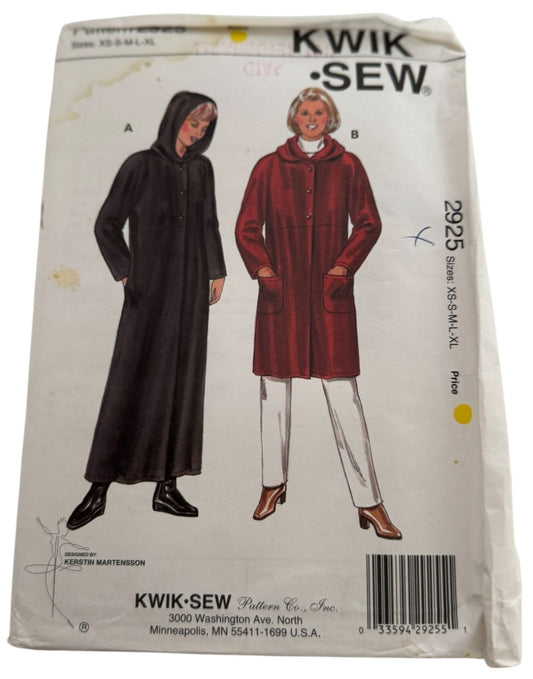 Kwik Sew Sewing Pattern 2925 Misses Coat Winter Outerwear Wool Sizes XS-XL Uncut