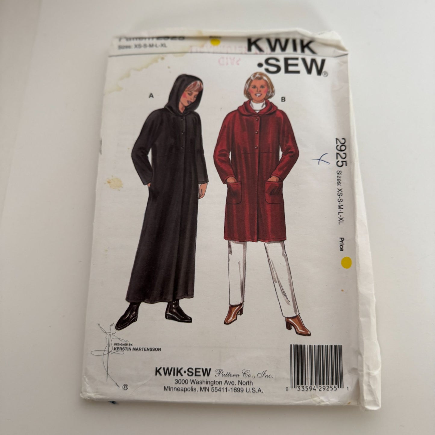 Kwik Sew Sewing Pattern 2925 Misses Coat Winter Outerwear Wool Sizes XS-XL Uncut