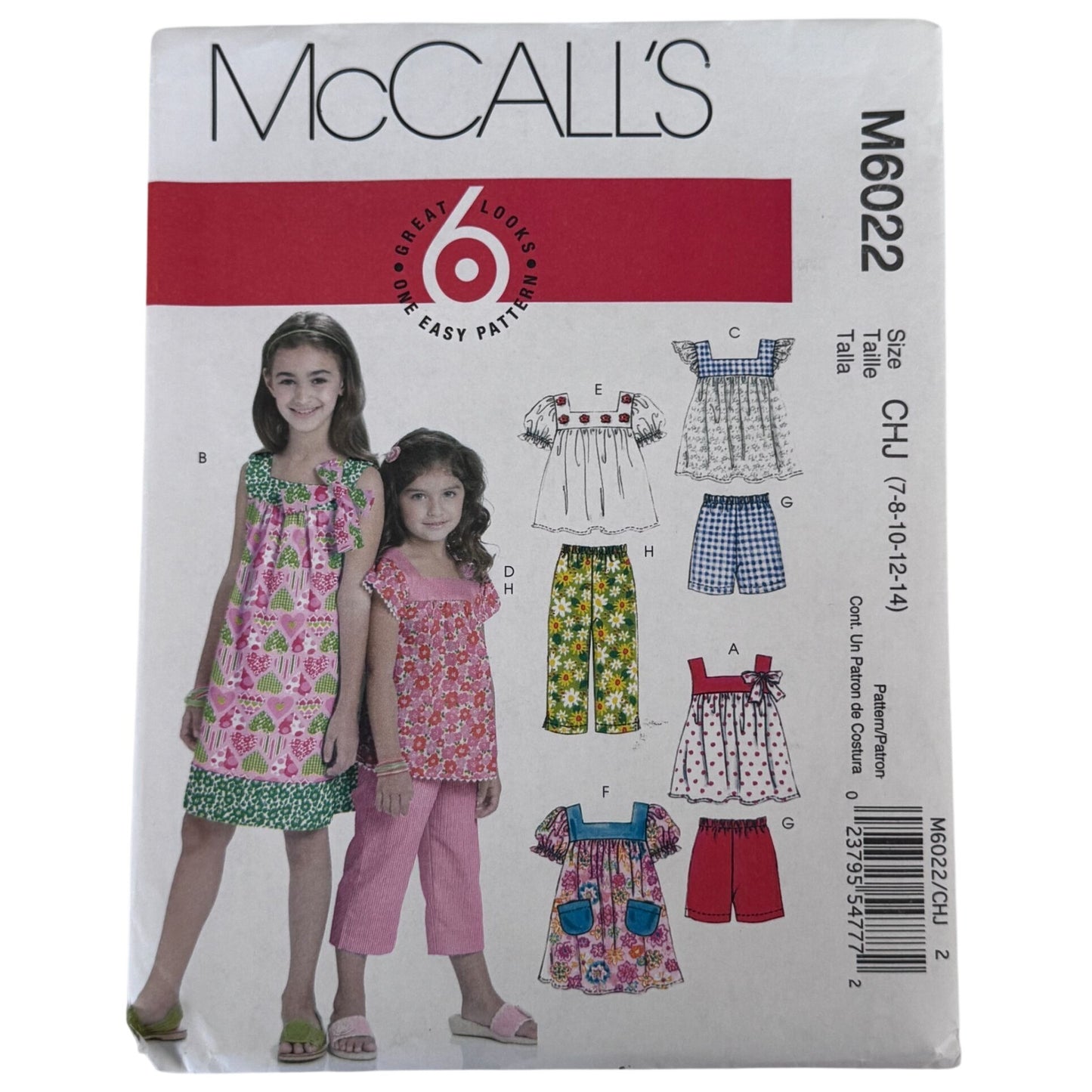McCalls Sewing Pattern M6022 Girls Top Dress Shorts Pants Summer Outfit 7-14 Uncut