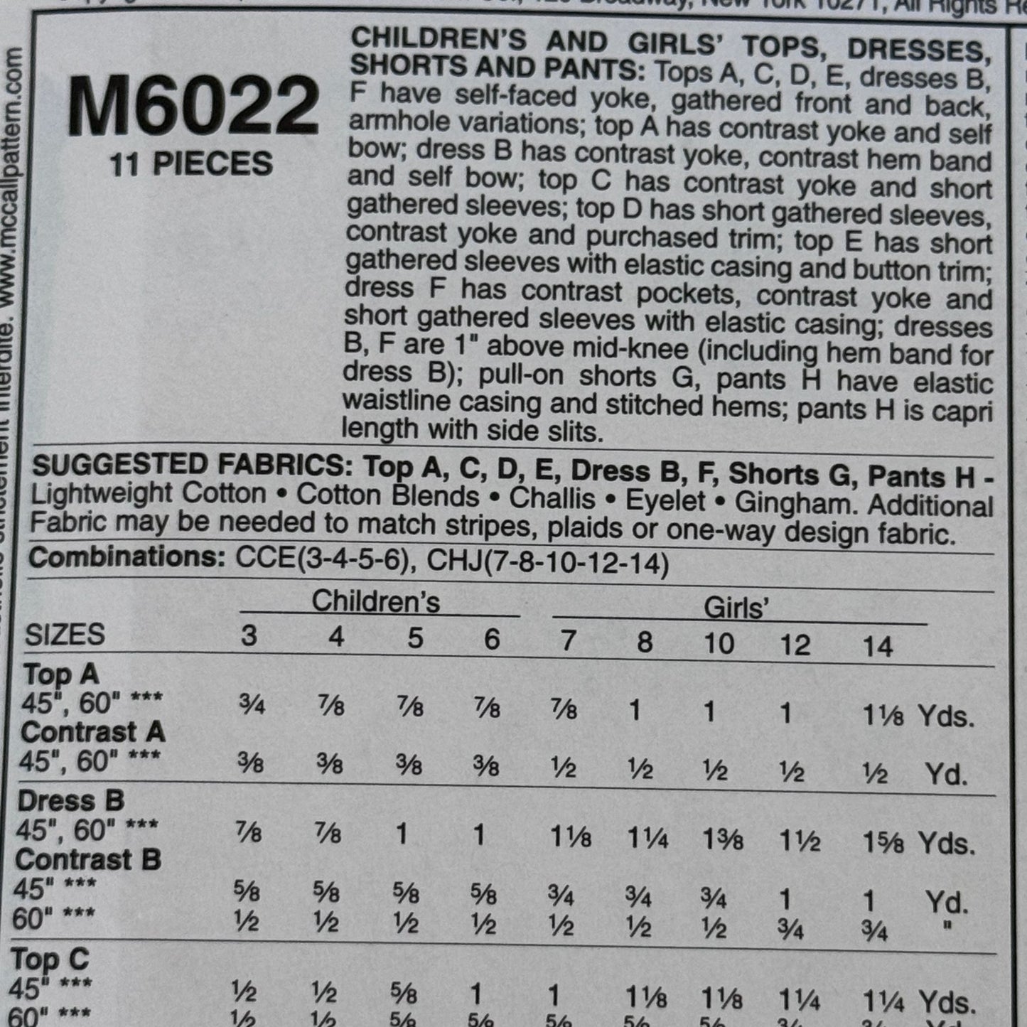 McCalls Sewing Pattern M6022 Girls Top Dress Shorts Pants Summer Outfit 7-14 Uncut