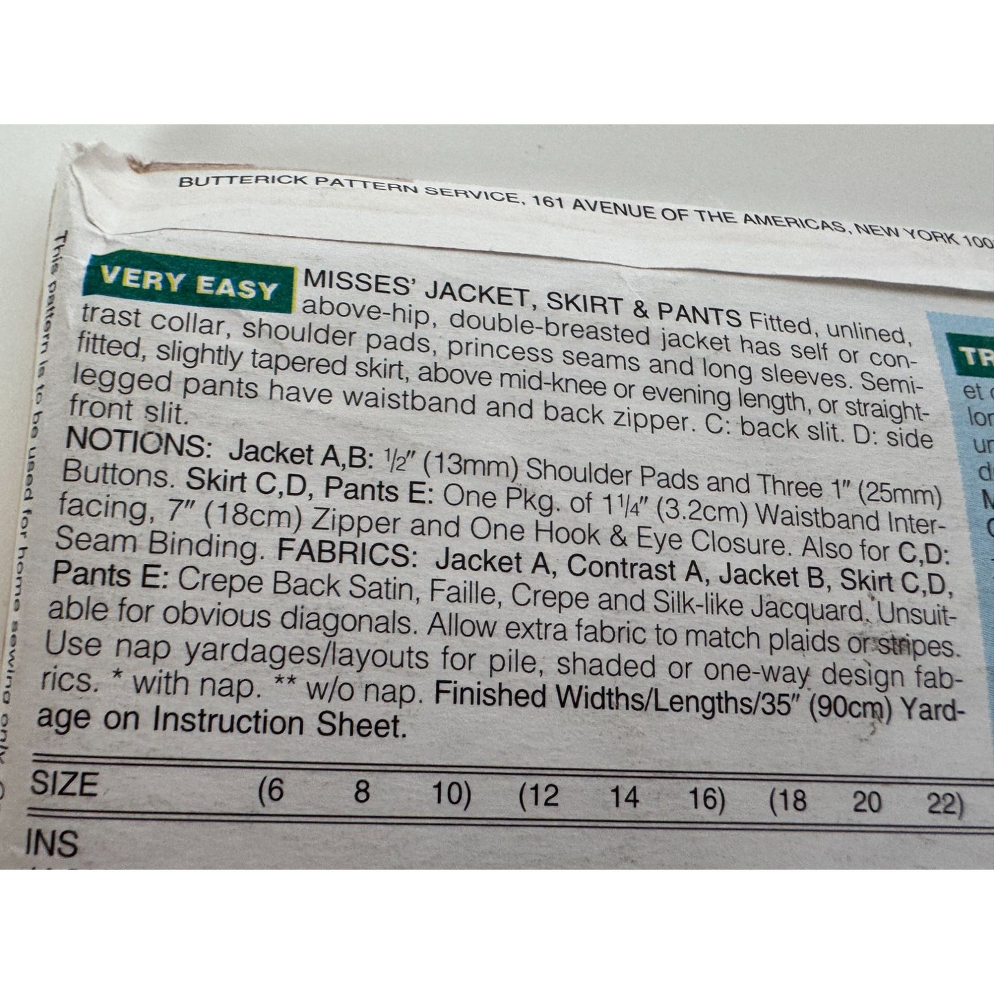 Butterick Sewing Pattern 4306 Work Suit Jacket Blazer Skirt Pants 1990s 18-22 UC