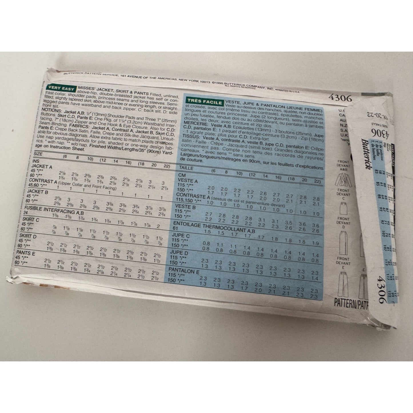 Butterick Sewing Pattern 4306 Work Suit Jacket Blazer Skirt Pants 1990s 18-22 UC