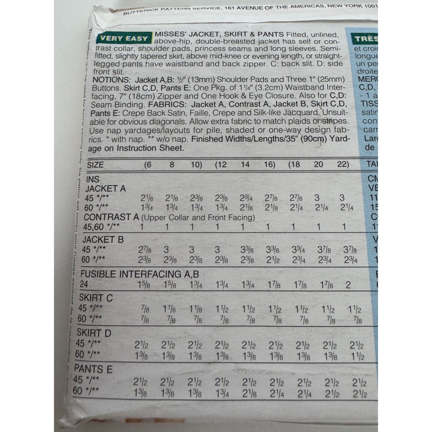 Butterick Sewing Pattern 4306 Work Suit Jacket Blazer Skirt Pants 1990s 18-22 UC