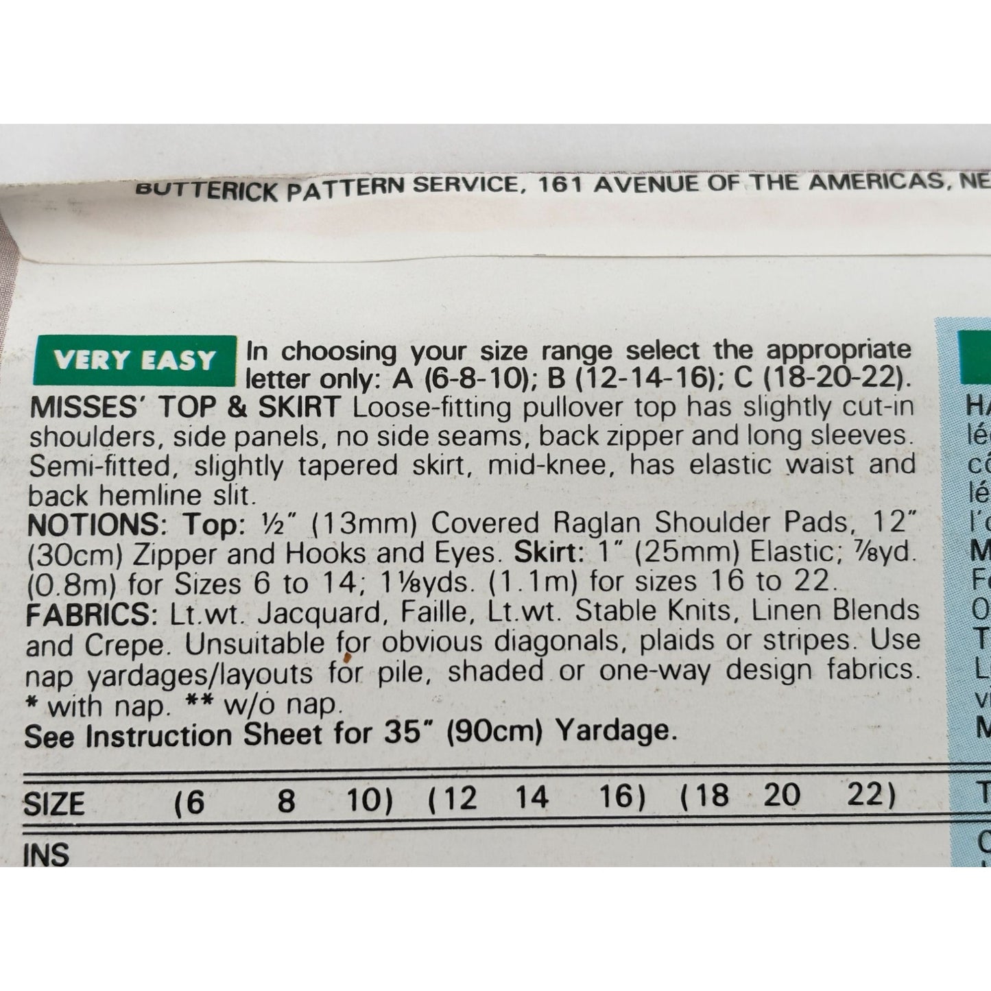 Butterick Sewing Pattern 6563 Misses Career Outfit Top and Skirt 6 8 10 Uncut