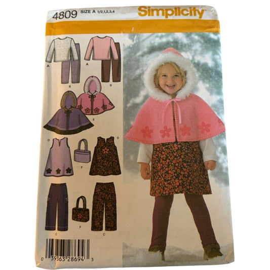 Simplicity 4809 Sewing Pattern Toddlers Winter Outfit Jumper Pants Capelet 1 2 3 4 UNCUT