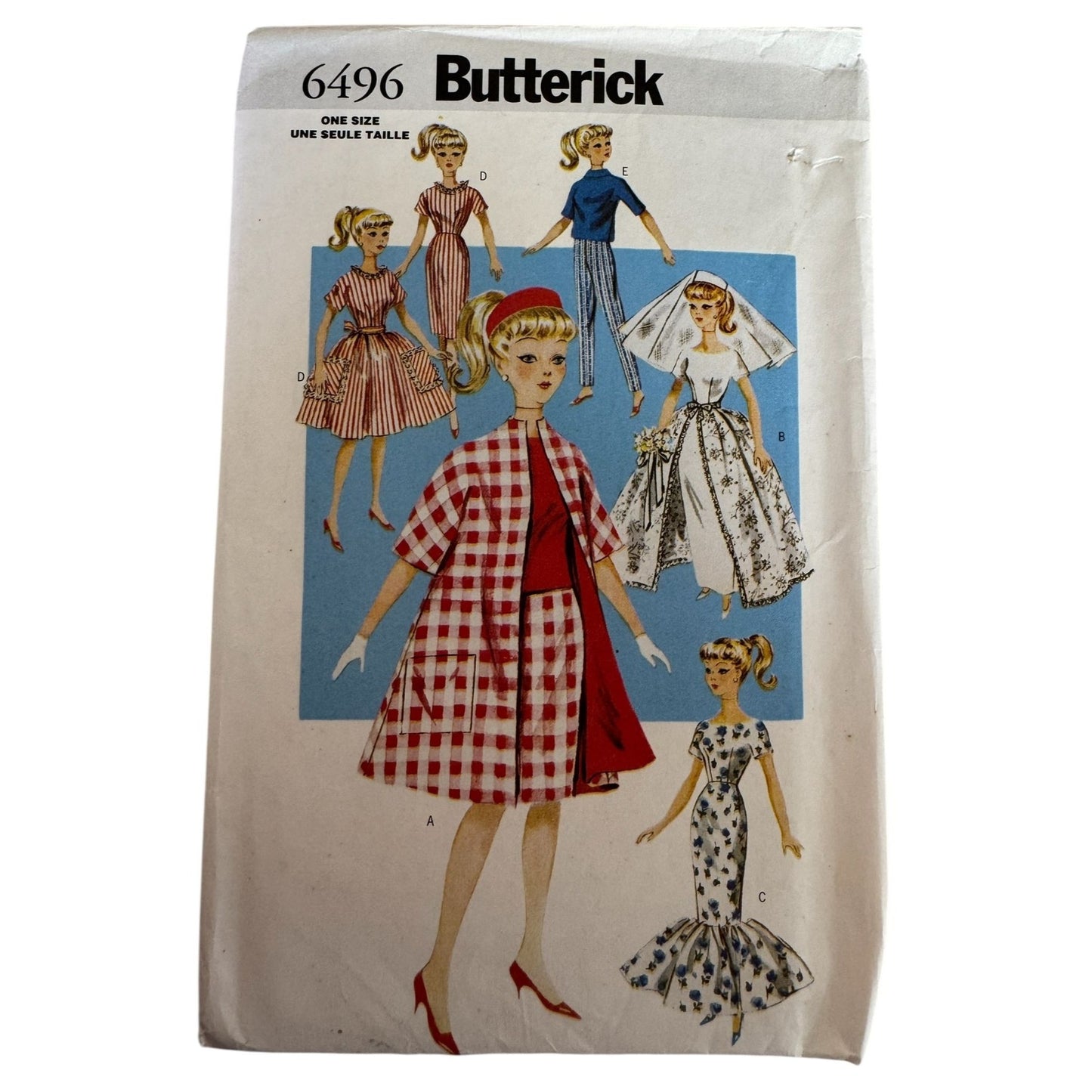 Vintage Fashion Doll Clothes Sewing Pattern Butterick 6496 Retro Wedding Dress Evening Gown Bride