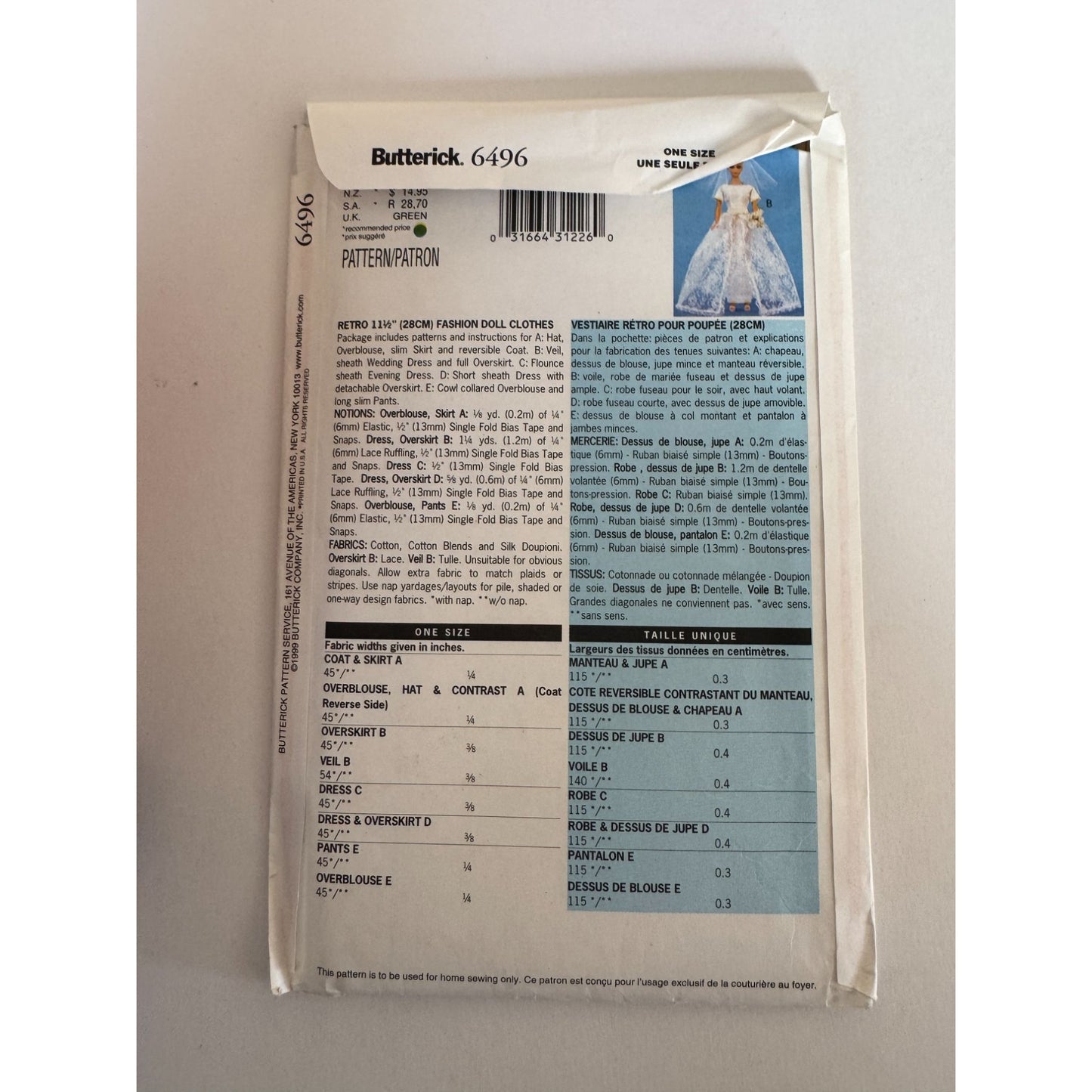 Vintage Fashion Doll Clothes Sewing Pattern Butterick 6496 Retro Wedding Dress Evening Gown Bride