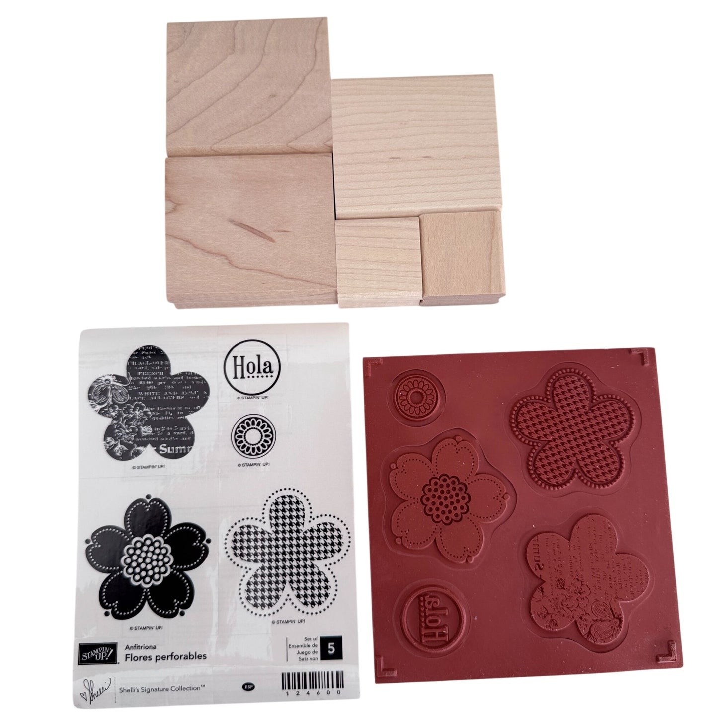 Stampin Up Rubber Stamp Set Flores Perforables Flowers Spring Garden Hola Spanish Word Hello