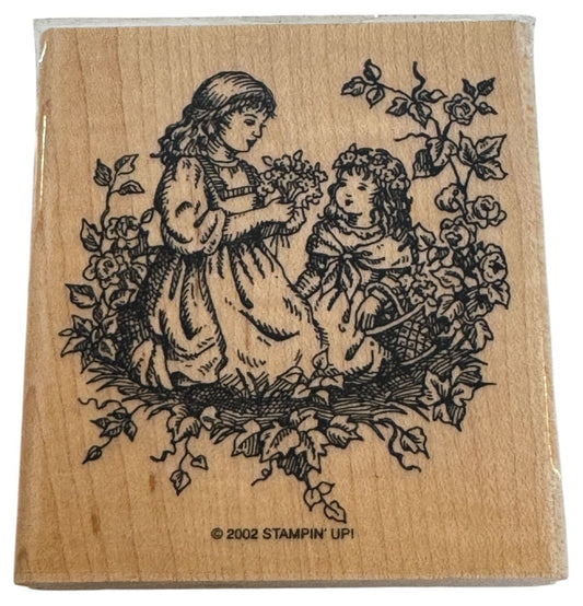 Stampin Up Rubber Stamp Sisters Woodland Girls Picking Flowers Spring Season Art