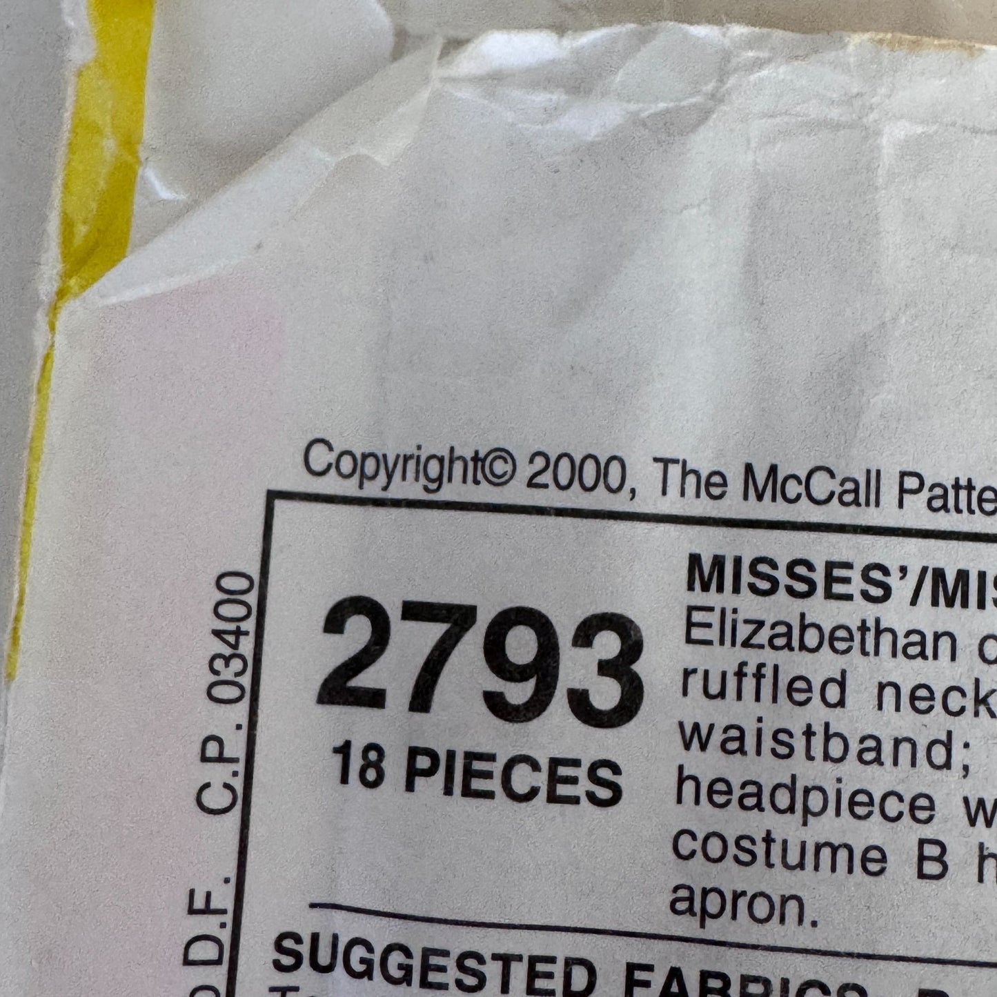 McCalls Sewing Pattern 2793 Elizabethan Costume Renaissance Dress Peasant Outfit Uncut 12-16