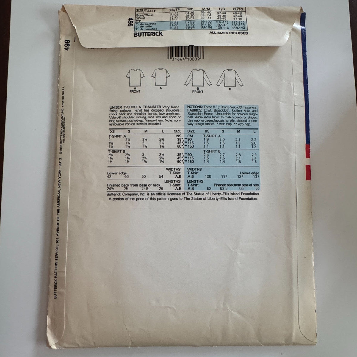 Butterick Sewing Pattern 499 Liberty Centennial 1986 Statue of Liberty T-Shirt