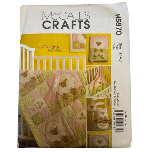 McCalls Sewing Pattern M5870 Sew Sweet Chic Quilt Lamb Toy Nursery Decor Uncut Baby Bib