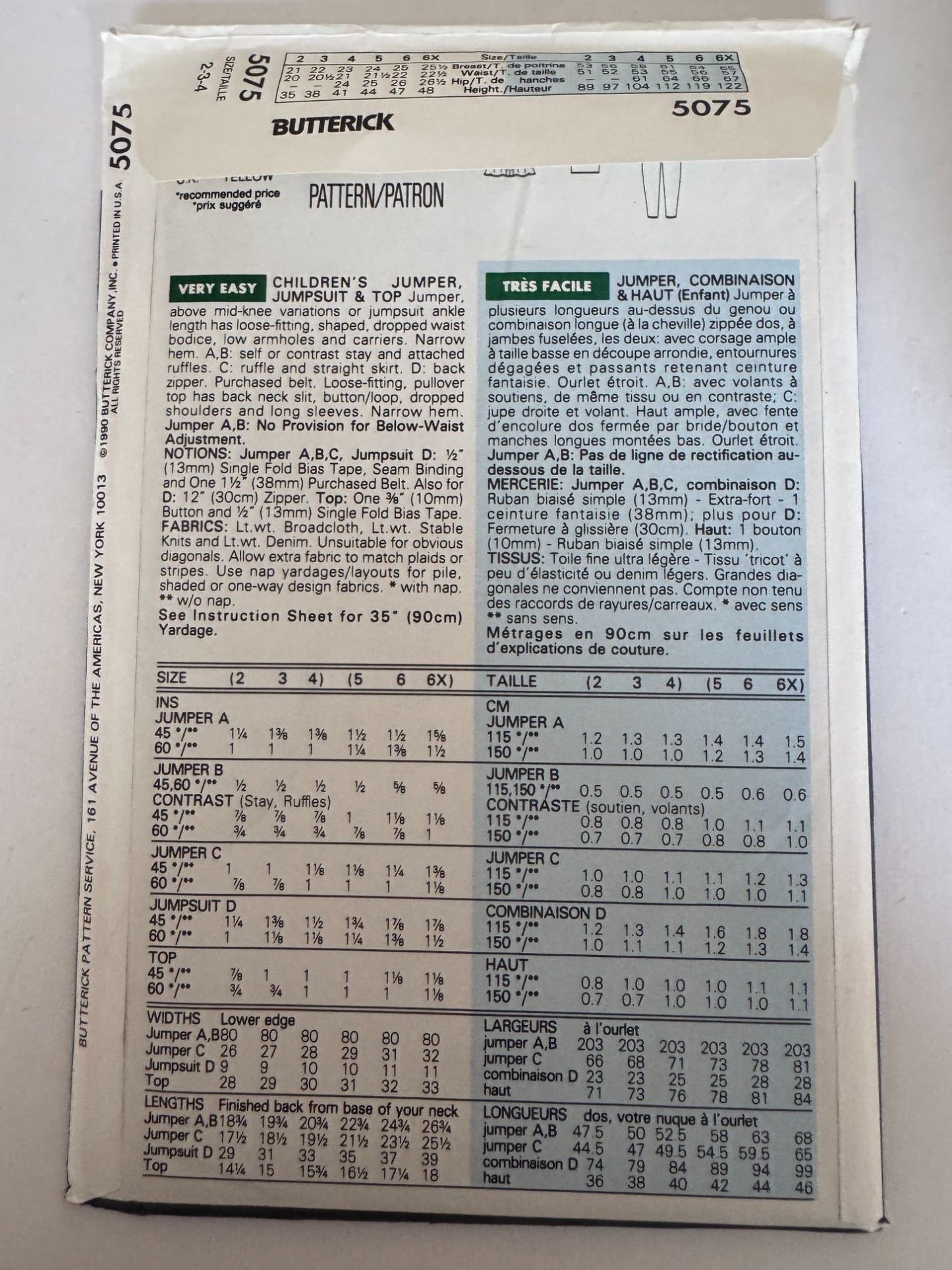 Butterick Sewing Pattern 5075 Busybodies Jumper Jumpsuit Shirt Girls 2 3 4 1990