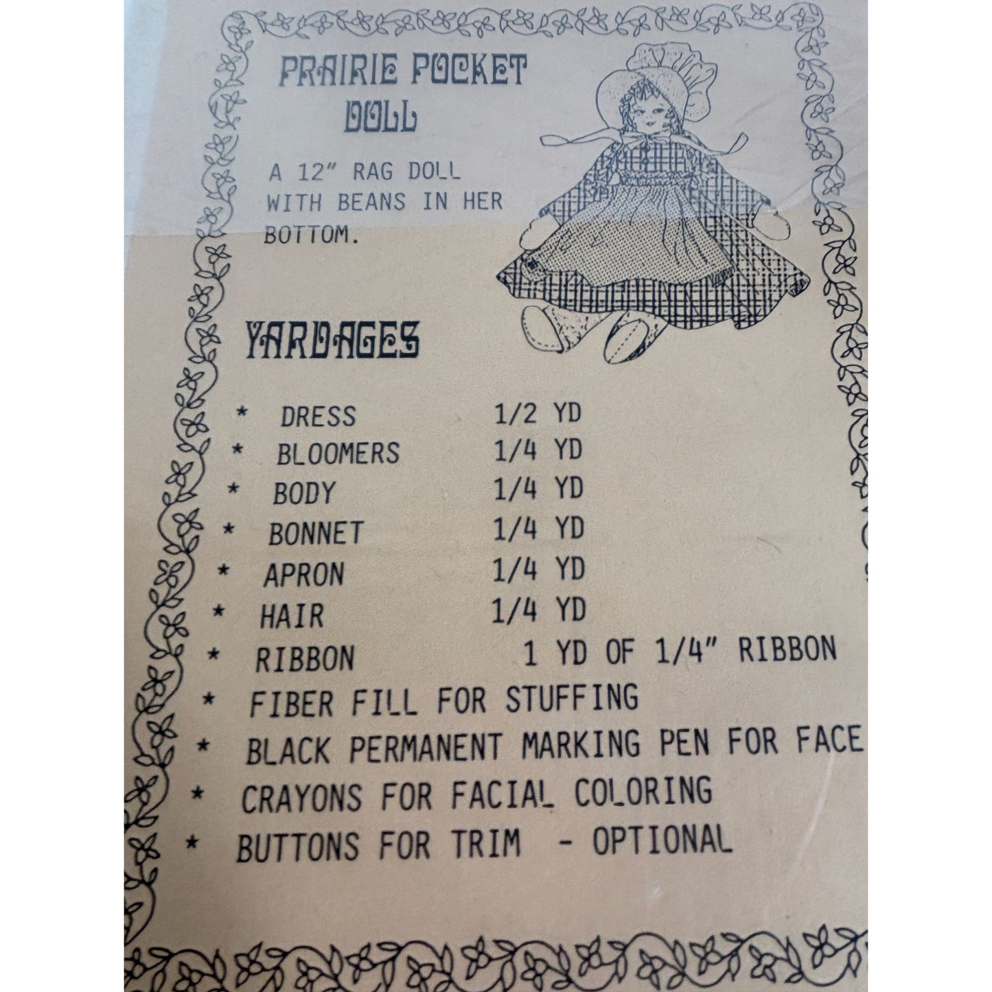 Osage County Quilt Factory Pattern Prairie Pocket Rag Doll 12 Inch Clothing UC