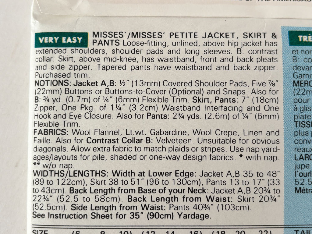 Butterick Sewing Pattern 6408: Misses' Jacket, Skirt and Pants