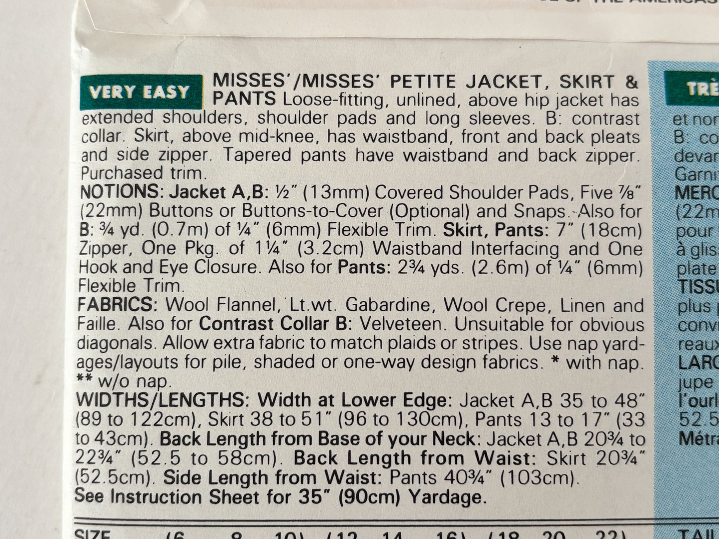 Butterick Sewing Pattern 6408: Misses' Jacket, Skirt and Pants