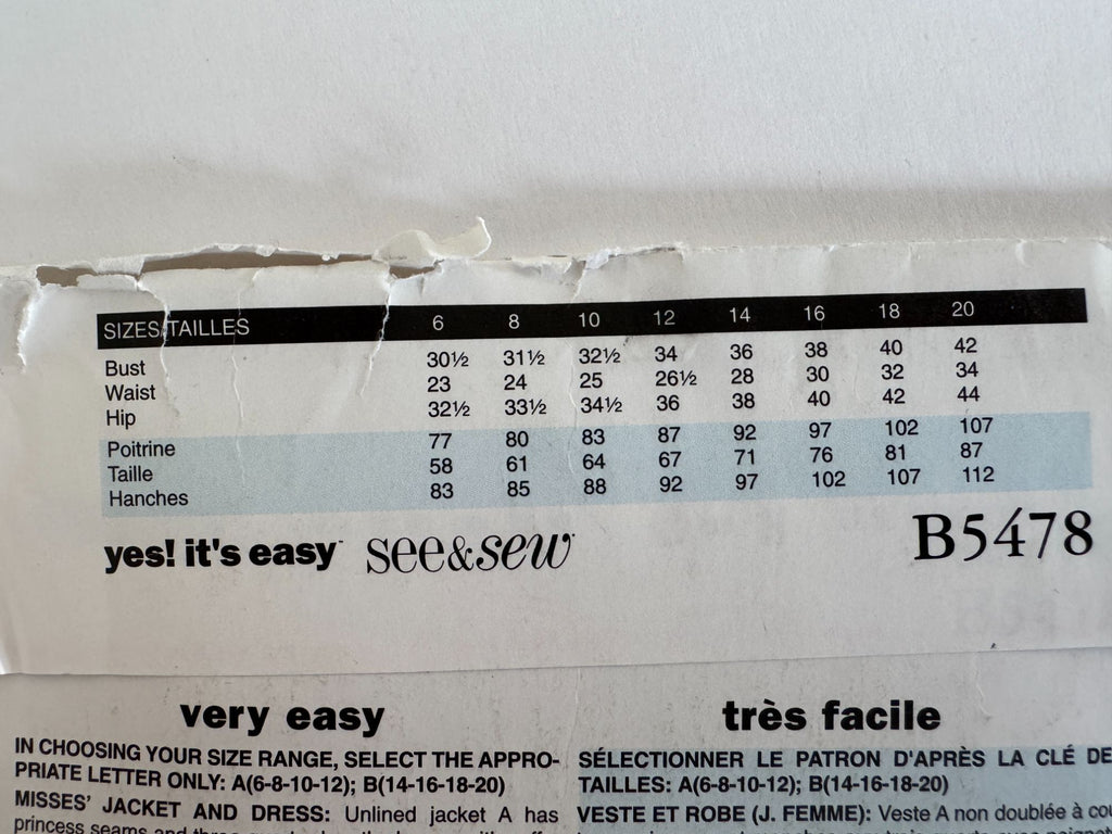 Butterick Sewing Pattern B5478 Dress Jacket Modern Office Chic Sizes 14–20 Uncut