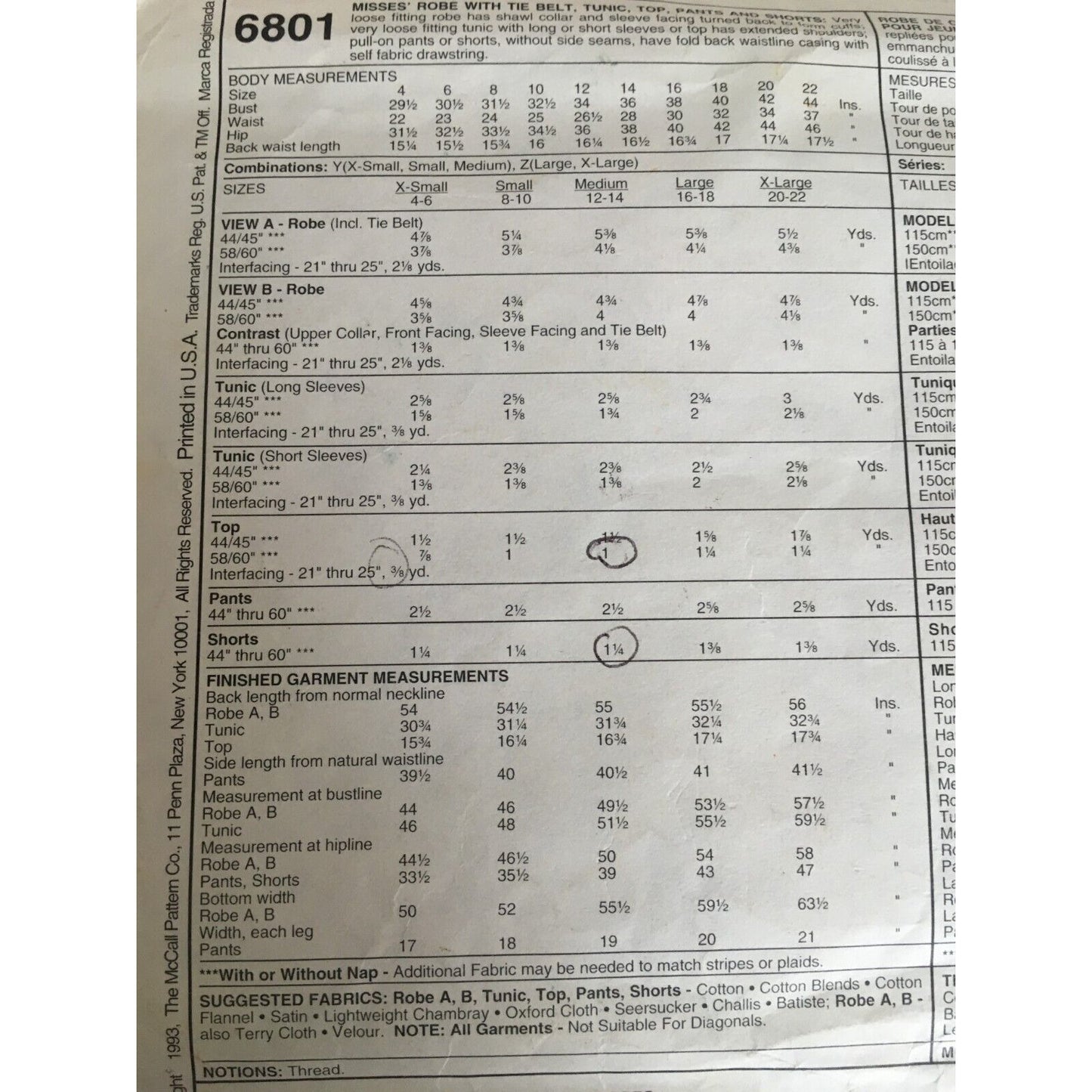 McCalls Sewing Pattern 6801 Robe Pajamas Tunic Top Pants Shorts XS S M Uncut